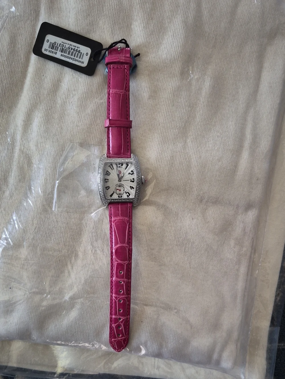 Michele Women's Urban Diamond Watch.Pink Leather-Strap Watch with Silver Casing.
